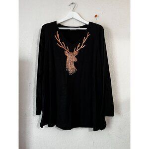 Quacker Factory Jeanne Bice Womens Rhinestone Reindeer Long Sleeve Top 2X Black